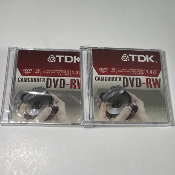 Lot of 2 TDK Camcorder DVD-RW 30 Min Video Rewritable Discs 1.4GB Sealed NEW - Picture 1 of 2